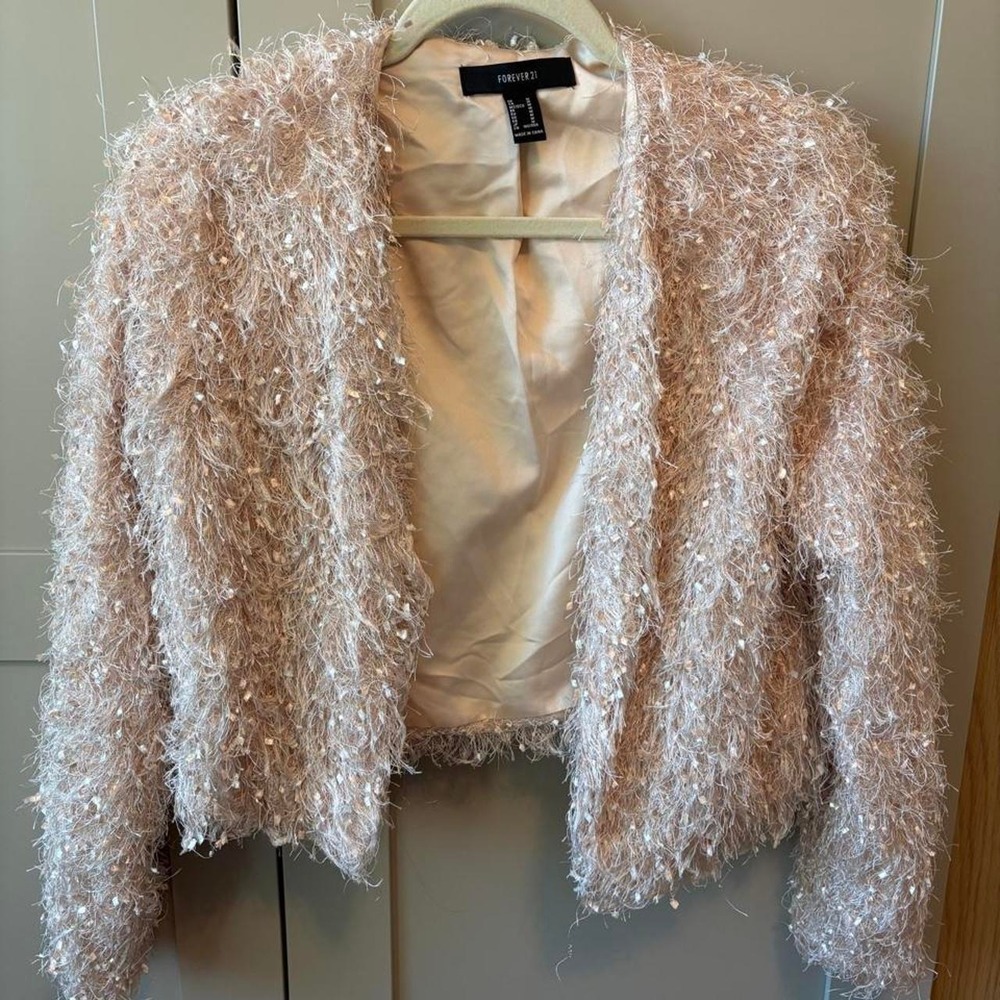 Forever 21 Blush Pink Shaggy Eyelash Knit Open Front Cropped Jacket Medium